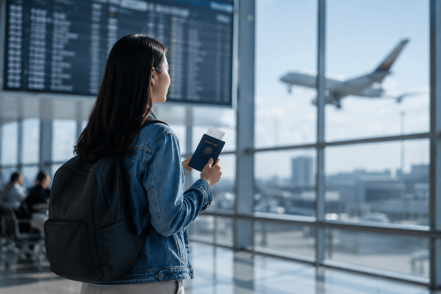 Student holding a passport and boarding pass while waiting to depart at the airport