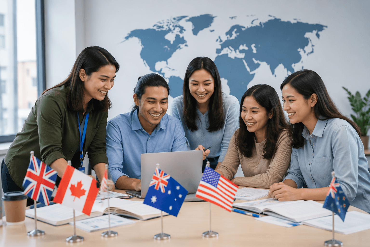 Education consultants and students reviewing study destinations with country flags on the table