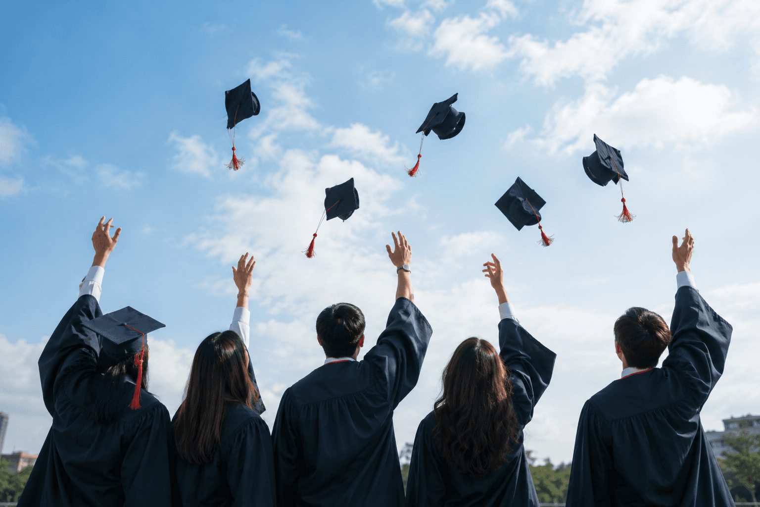 Graduates celebrating and throwing their caps in the air